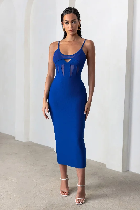 Destiny Calling | Electric Blue Bandage Mesh Cut Out Midi Dress with Bra Detail