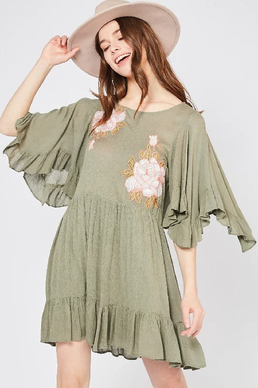 Floral Embroidered Boho Ruffle Hem Dress by Entro