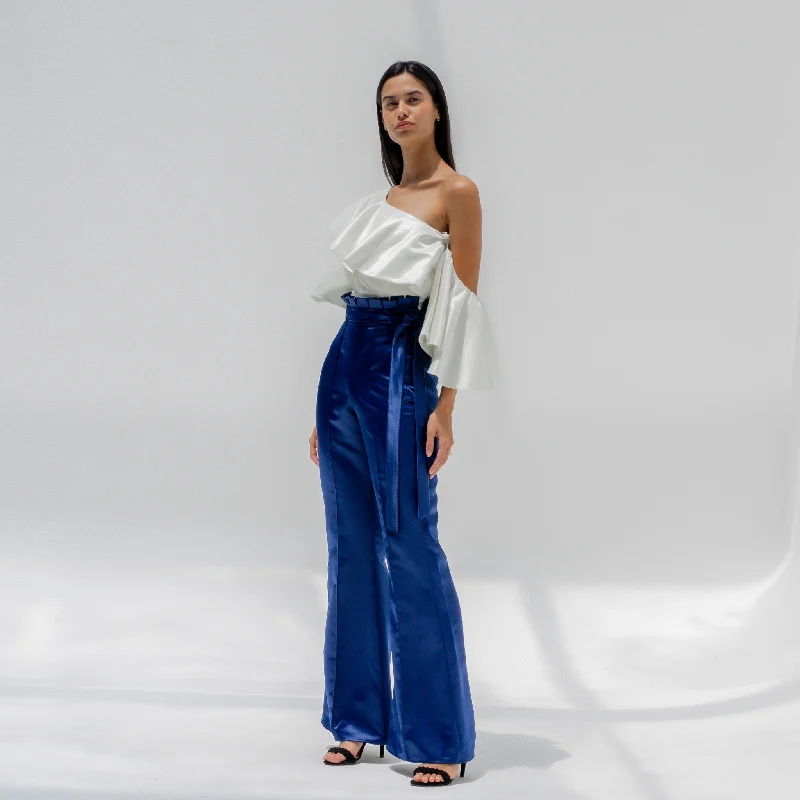 Navy Blue High-Waisted Taffeta Pant